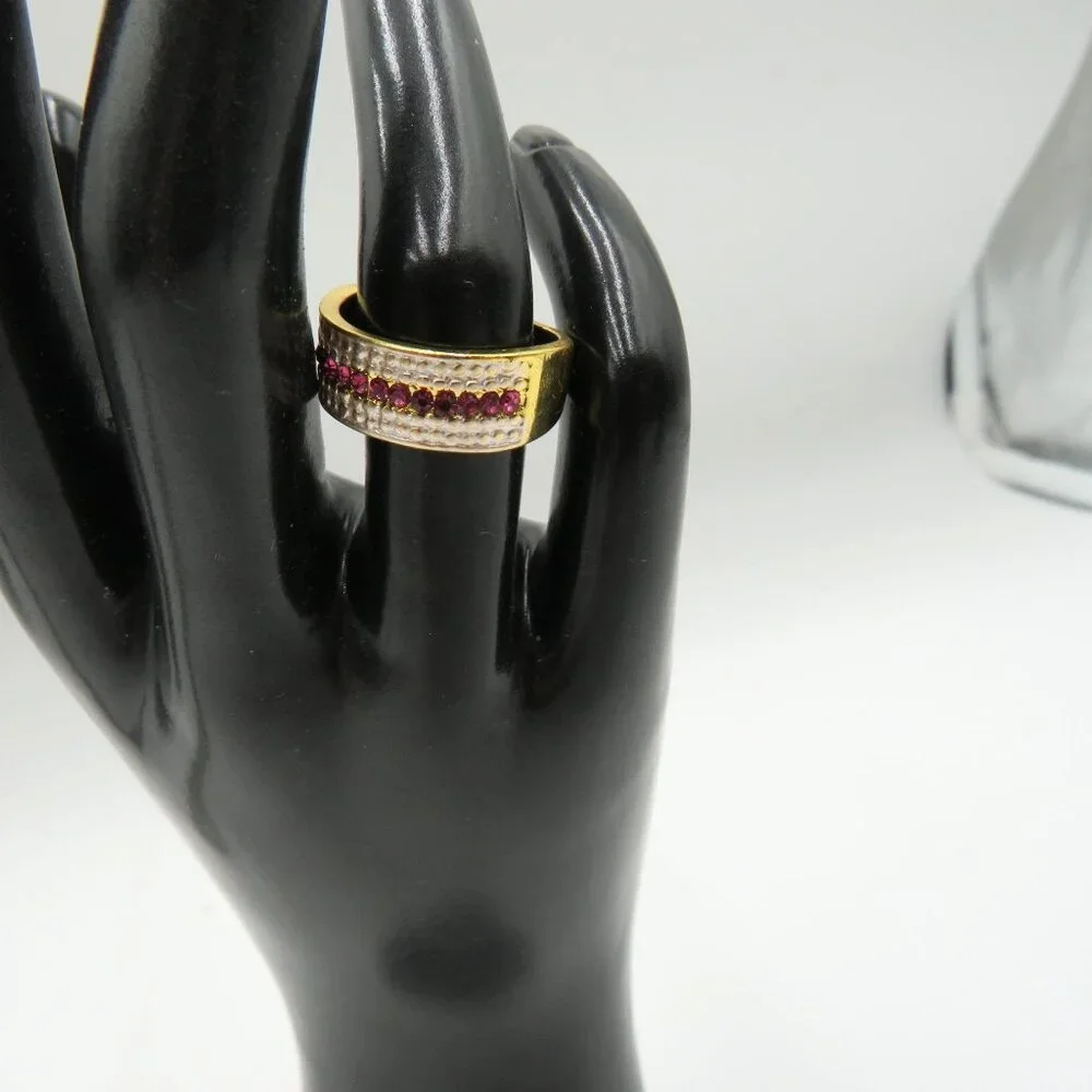Wide Band Ring Womens‎ Size 6 Imitation Ruby Red Rhinestones Gold Silver Tone